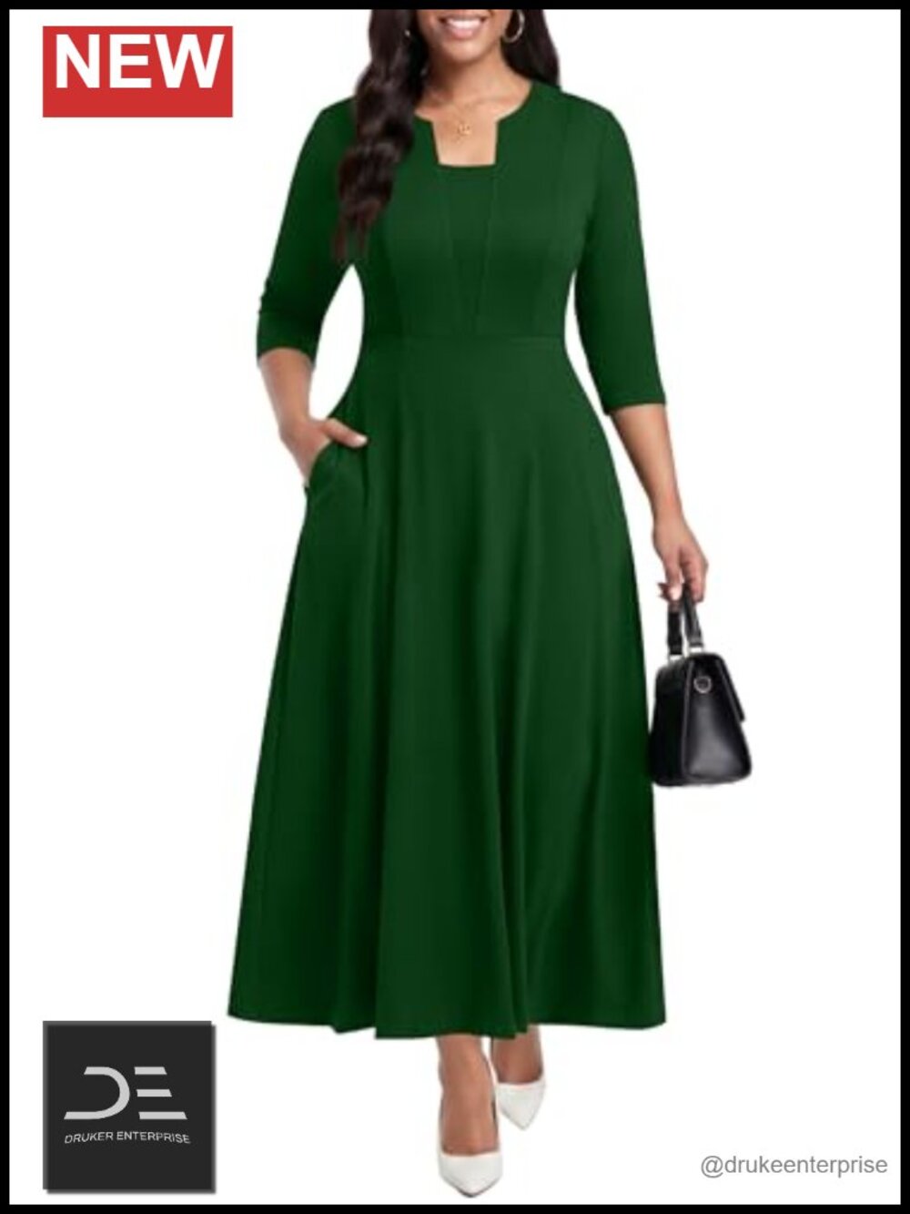 Women's 3/4 Sleeve V Neck A Line Maxi Dress with Pockets